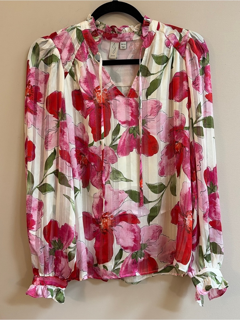 Joie Romantic Pink & Red Vibrant Floral Mock Neck Blouse Long Sleeve Shirt Top